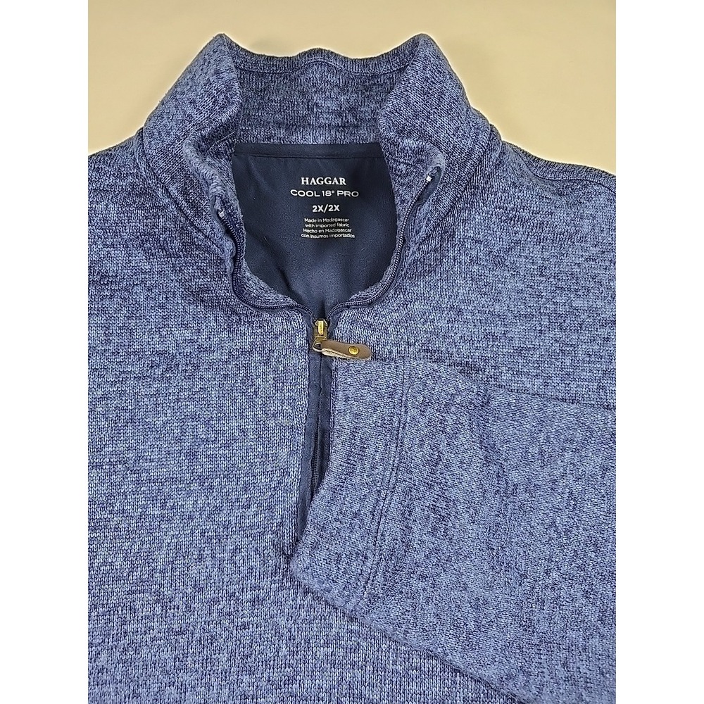 Haggar Mens 2XL 1/4 Zip Cool 18 Pro Blue Long Sleeve Fleece Sweater Classic